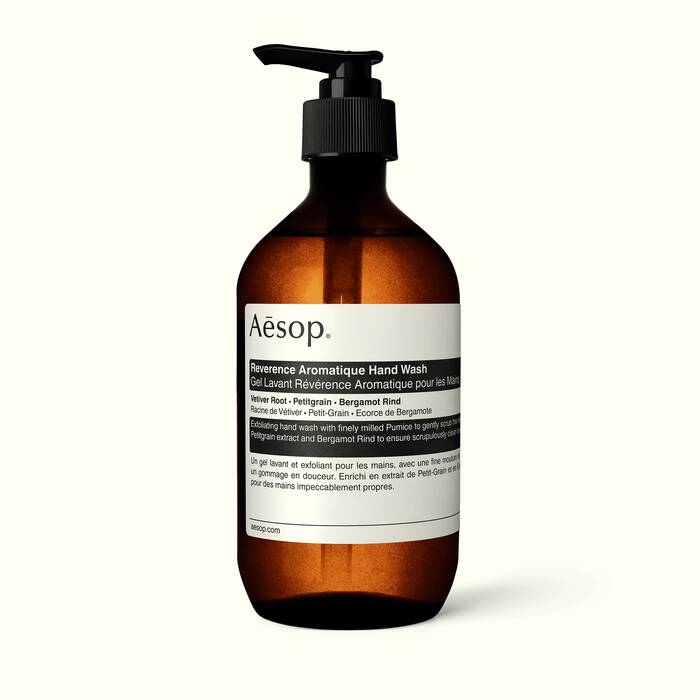 Aesop hand wash bottle on a white background