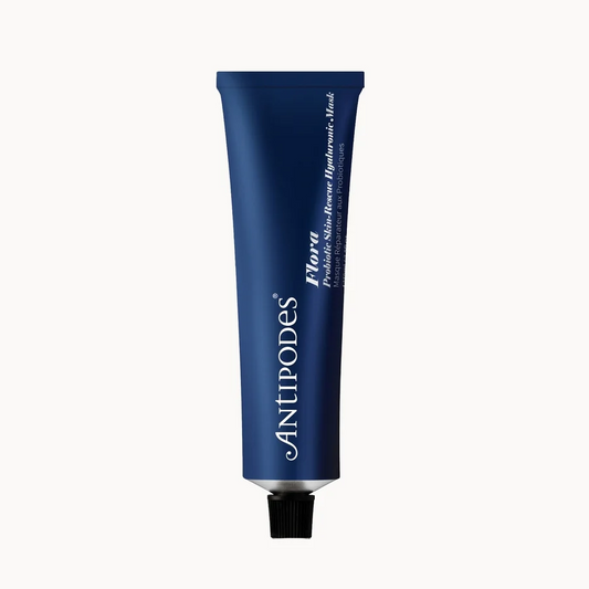 Blue tube of Antipodes Flora Probiotic skincare product on a white background