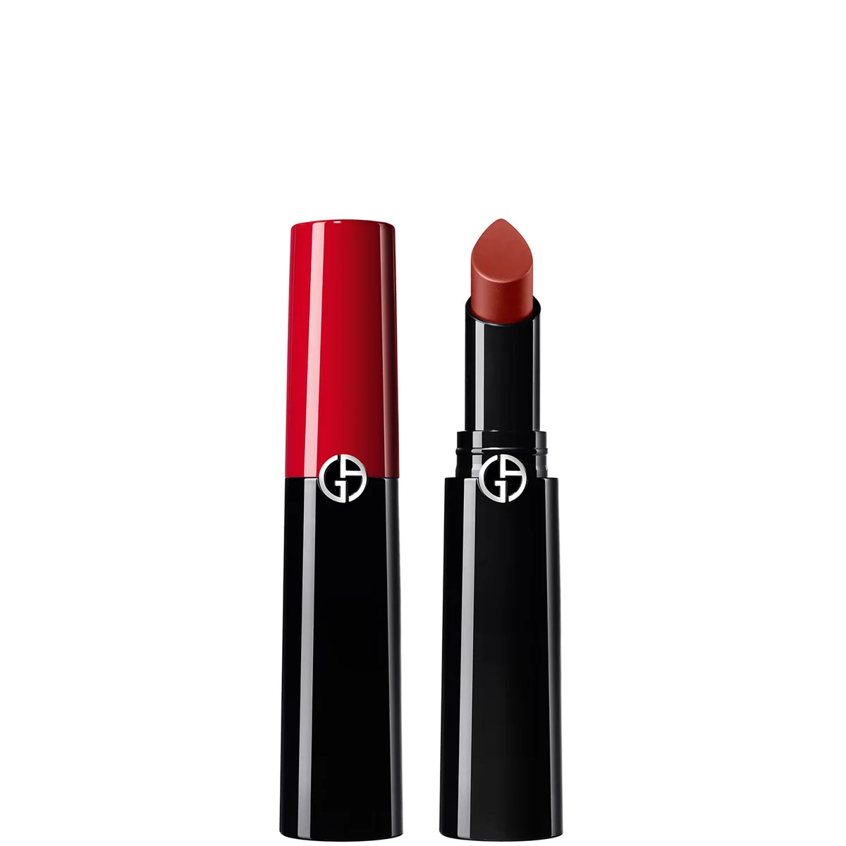 Two tubes of Giorgio Armani lipstick on a white background, one closed with a bright red cap and one open showing a warm reddish-brown lipstick bullet. Both tubes are glossy black with the silver Giorgio Armani logo.