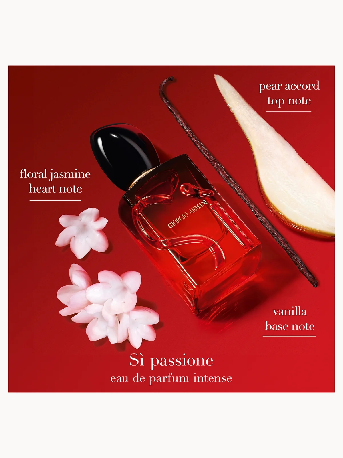 Red Armani perfume bottle with floral elements on a red background