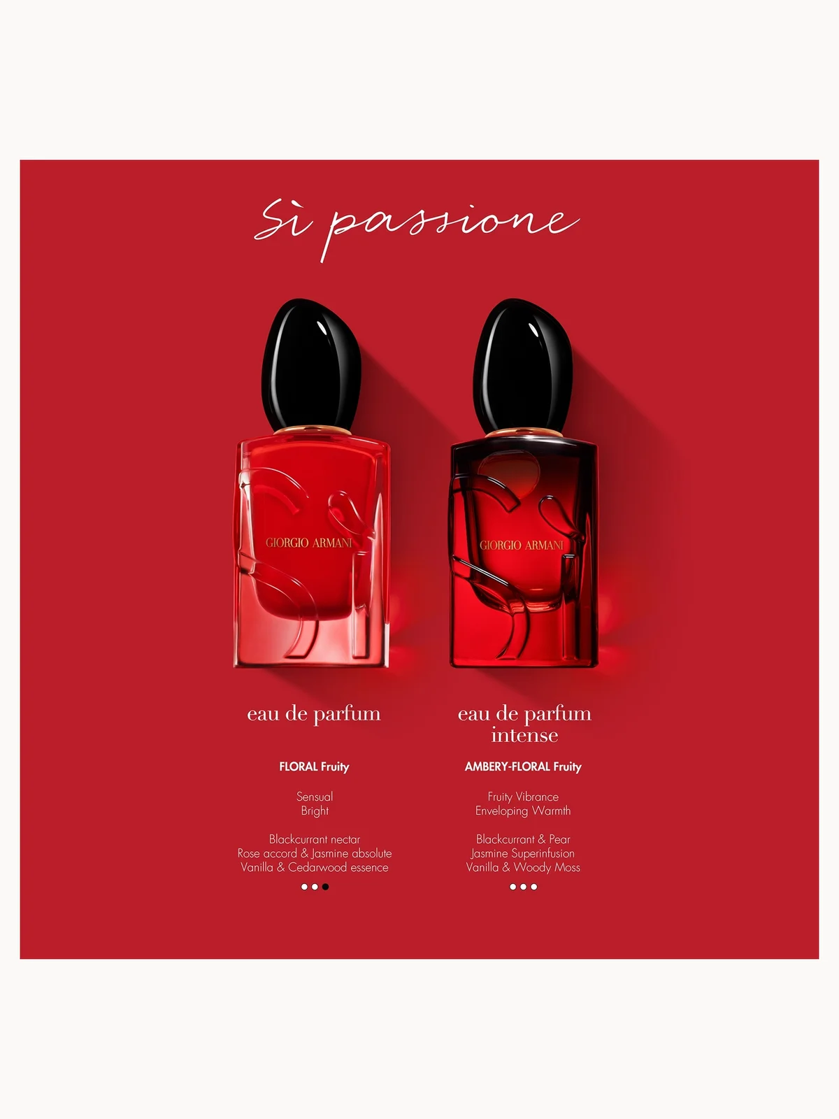 Two red perfume bottles with black caps on a red background, featuring the brand 'Guerlain'.