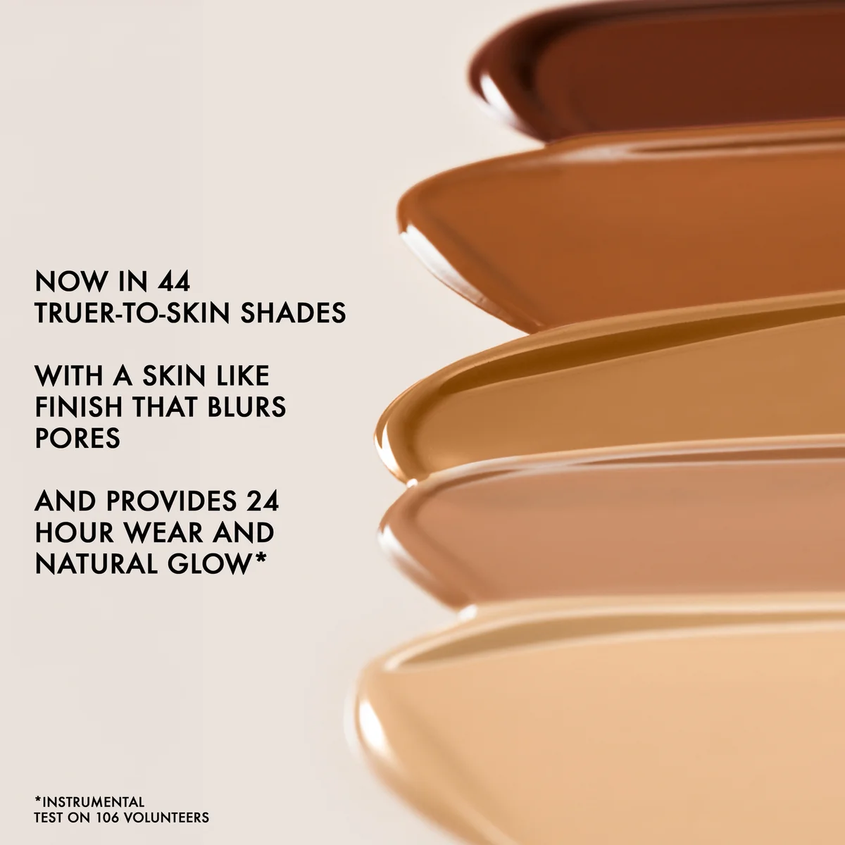 Row of makeup swatches with text about product features on a light background