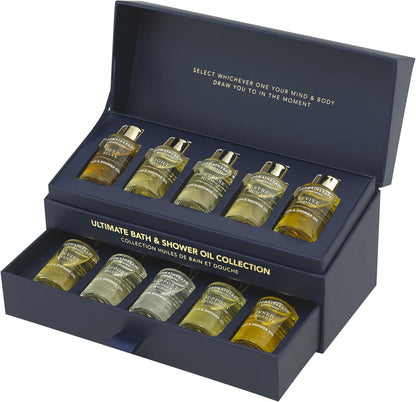 Set of bath and shower oil bottles in a dark blue box with text.