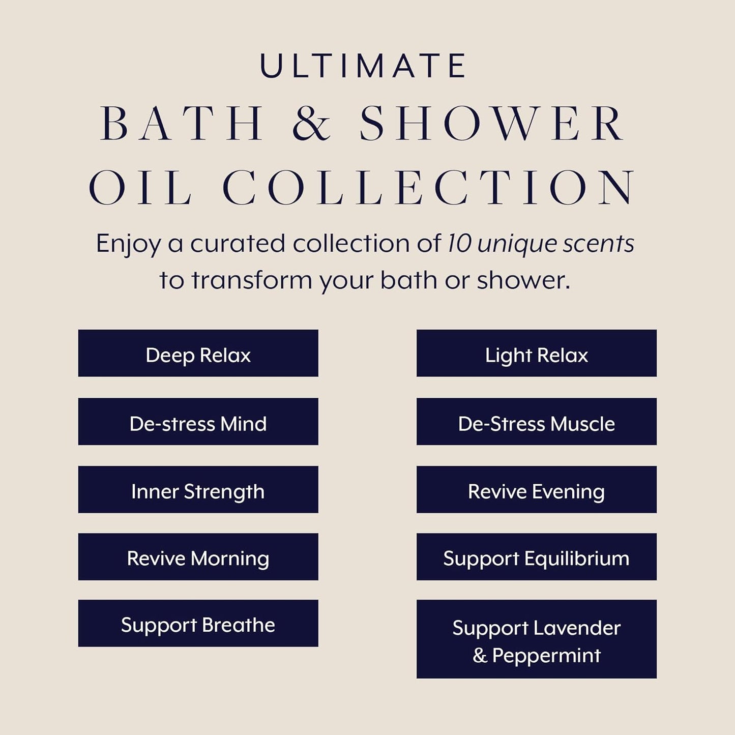 Promotional graphic for an Ultimate Bath & Shower Oil Collection with various scents listed.