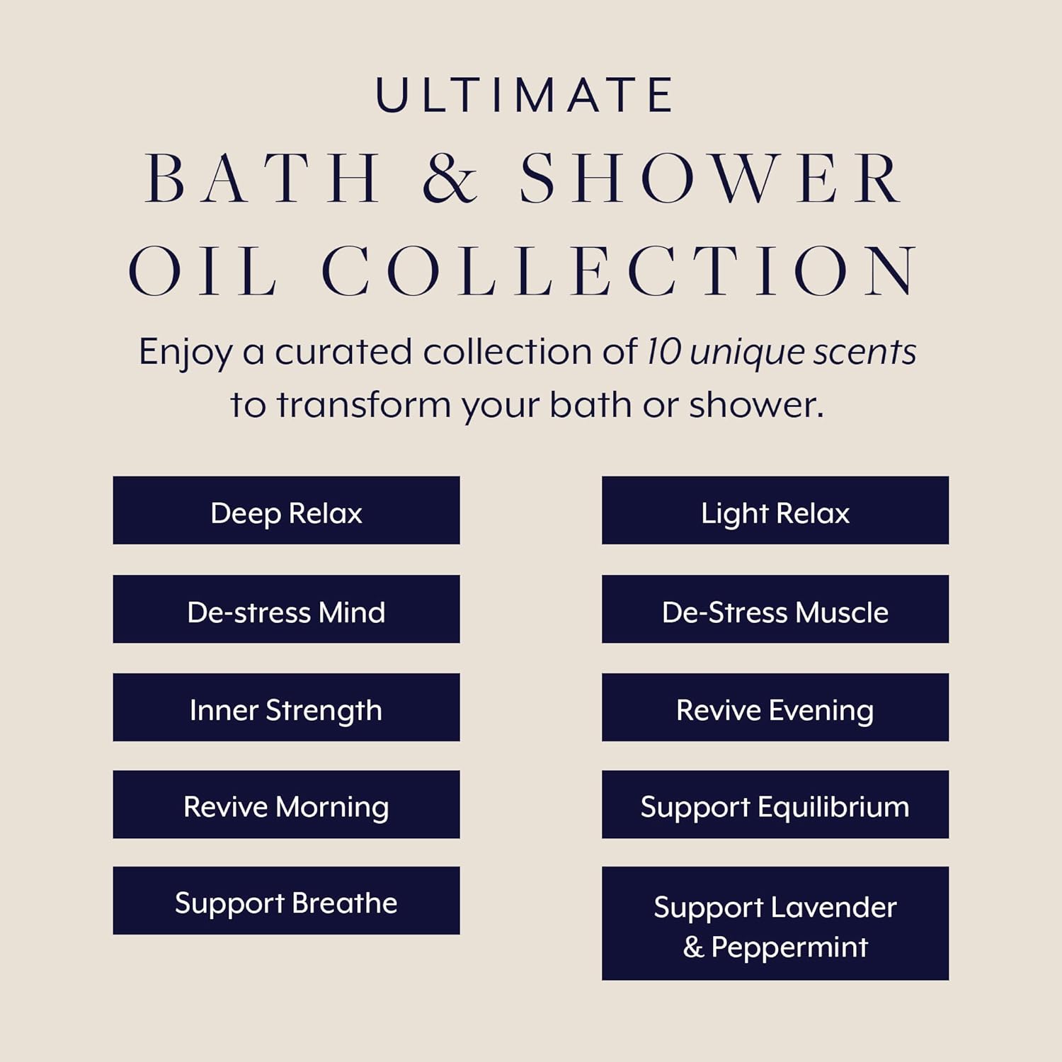 Promotional graphic for an Ultimate Bath & Shower Oil Collection with various scents listed.