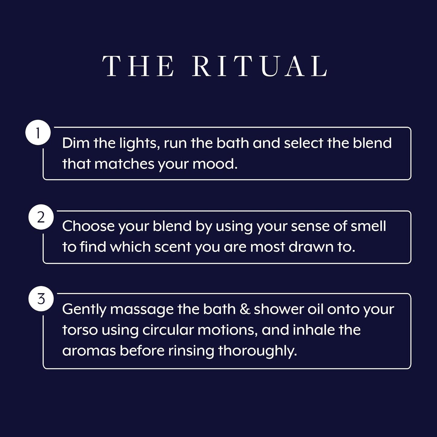 Instructions for a bath and shower oil ritual on a dark blue background