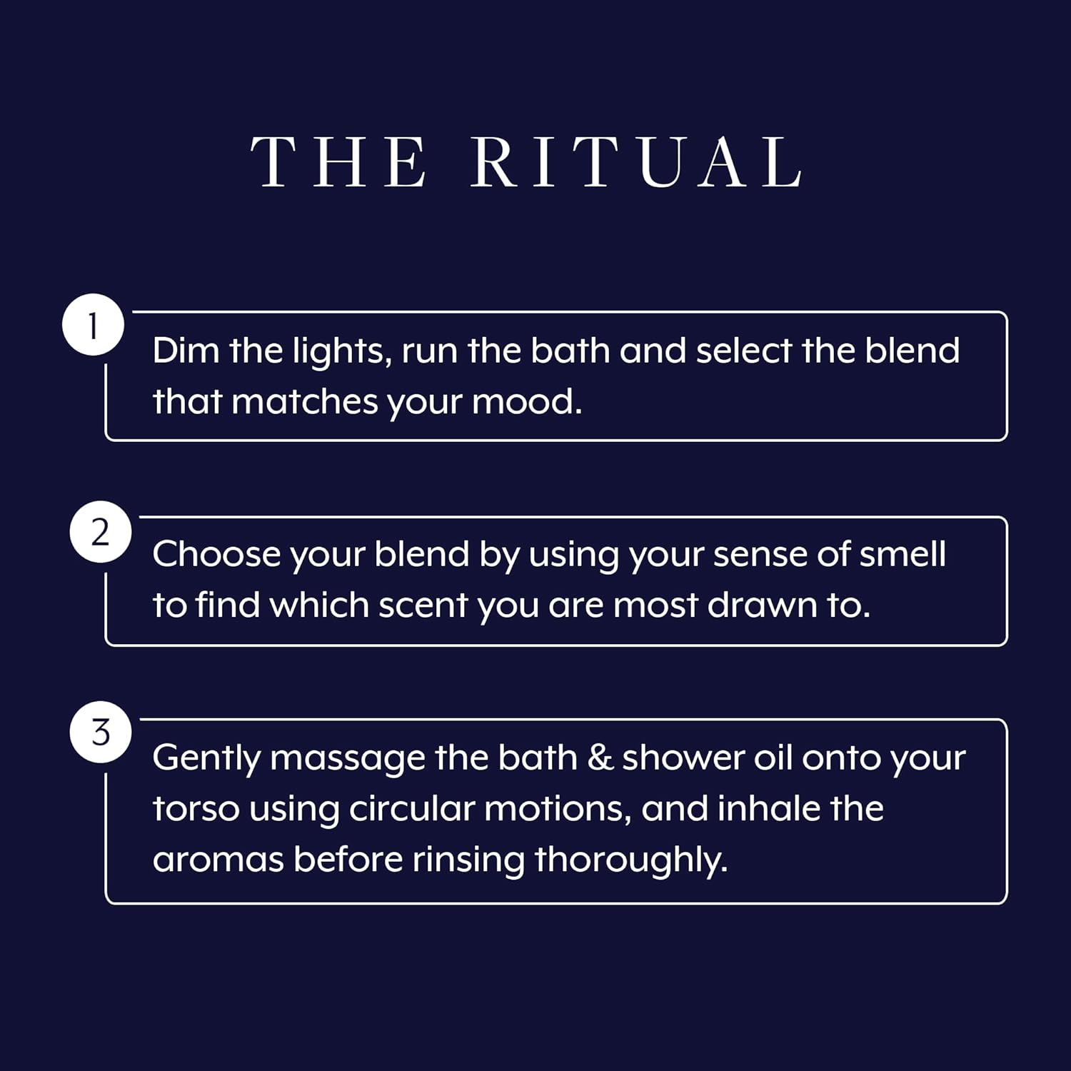 Instructions for a bath and shower oil ritual on a dark blue background
