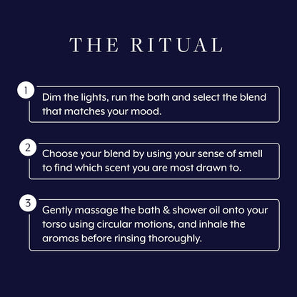 Instructions for a bath and shower oil ritual on a dark blue background