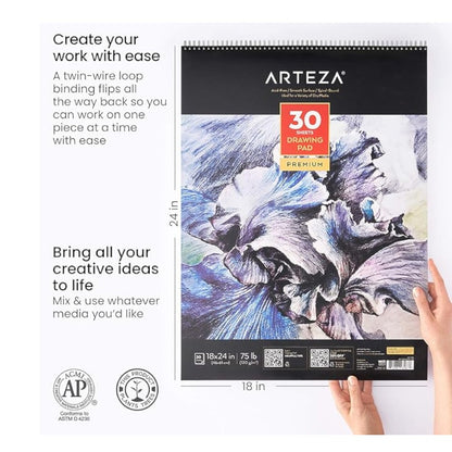 Arteza - Large Spiral Bound Heavyweight Drawing Paper Pad - 46x61 cm, 120gsm, 30 Sheets