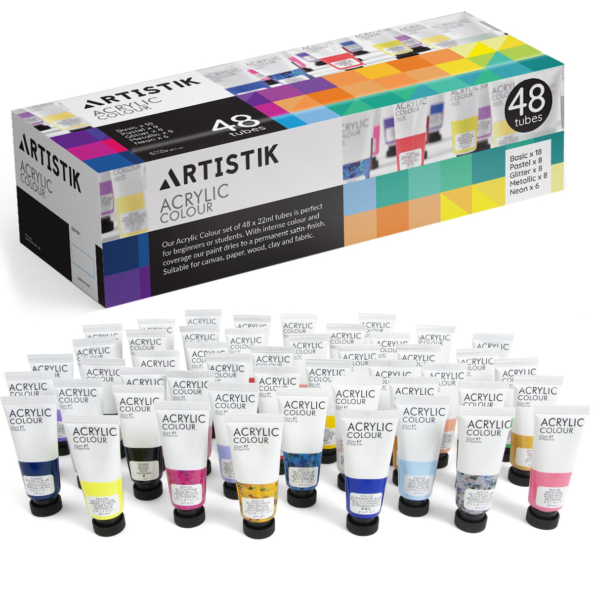 Artistik Acrylic Paint Set with 48 Opaque & Vibrant Colours 22ml Tubes of Artist-Quality Acrylic Paints