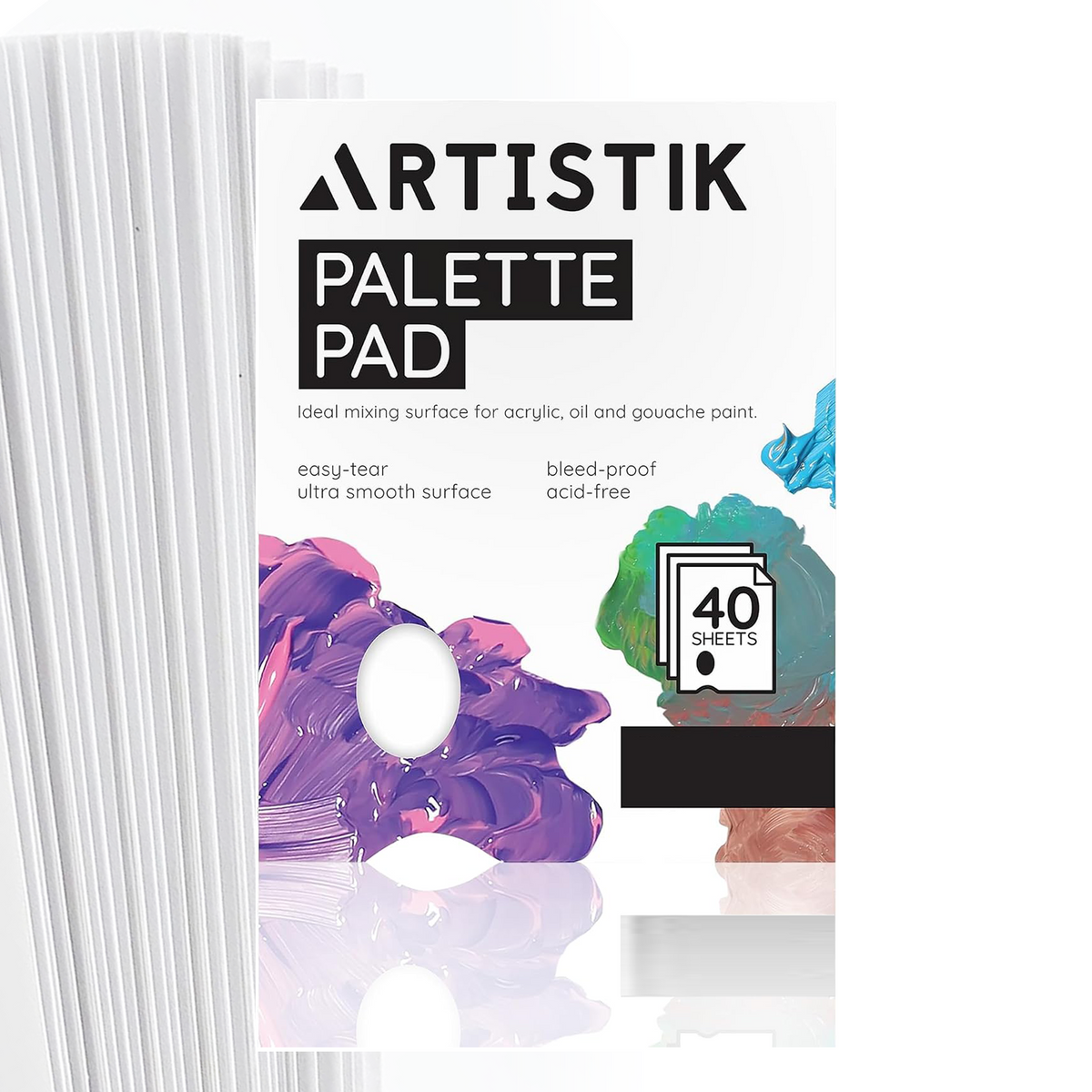A pack of Artistik Palette Pad mixing surfaces, showing a white card with colorful paint strokes and text, with a stack of white rectangular pads visible on the left against a clean white background.