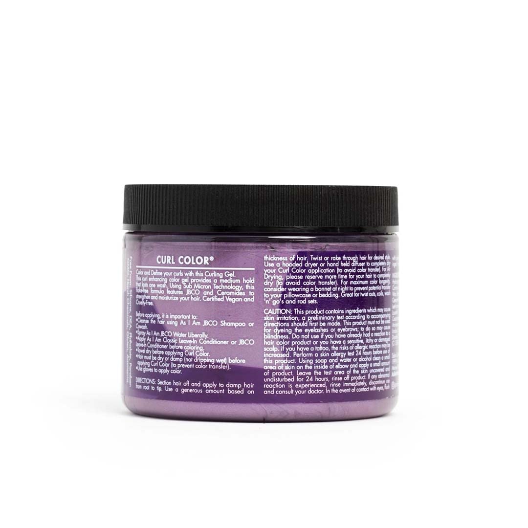 Jar of Curl Color hair product with purple label on a white background