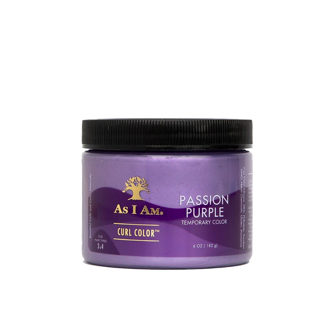 A jar of As I Am Passion Purple Curl Color temporary hair color on a plain white background.