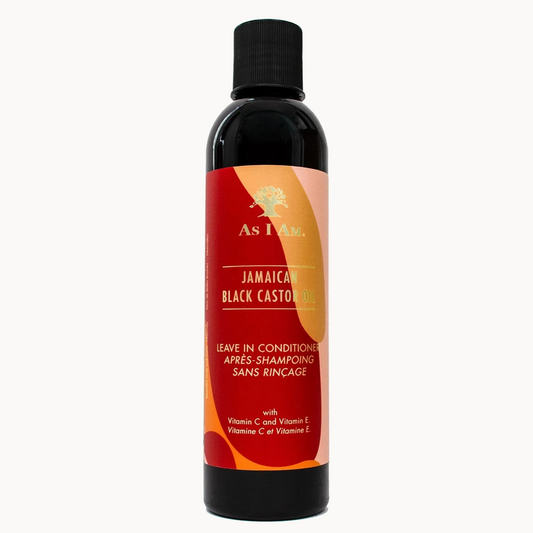 A bottle of As I Am Jamaican Black Castor Leave-In Conditioner on a solid white background.