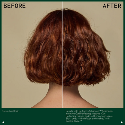 Before and after comparison of hair with styling products on a plain background