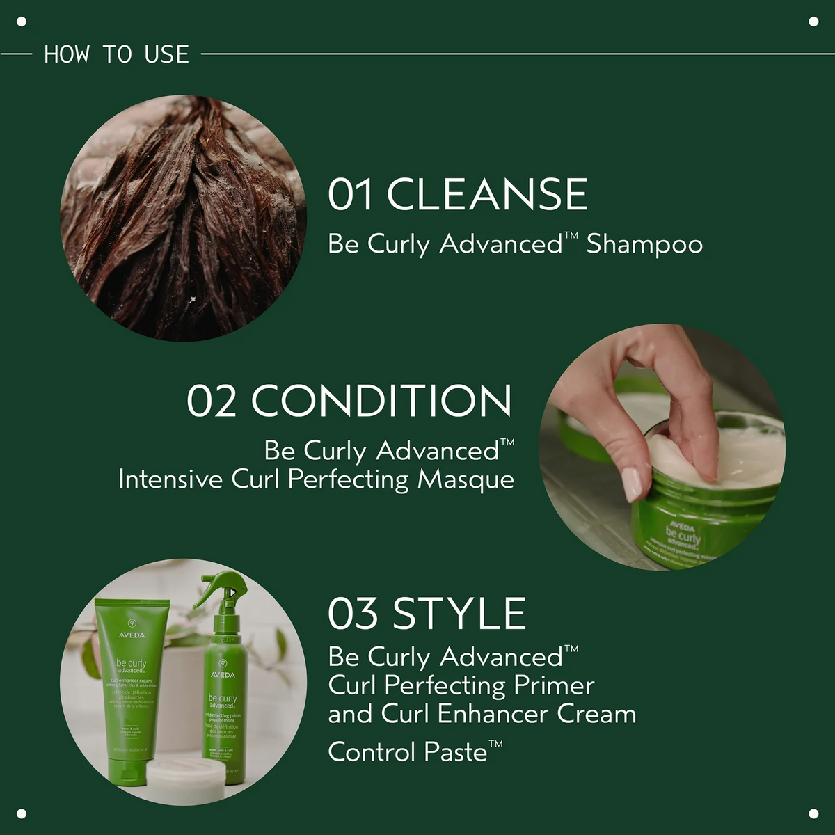Step-by-step guide for using Be Curly Advanced hair care products on a green background.