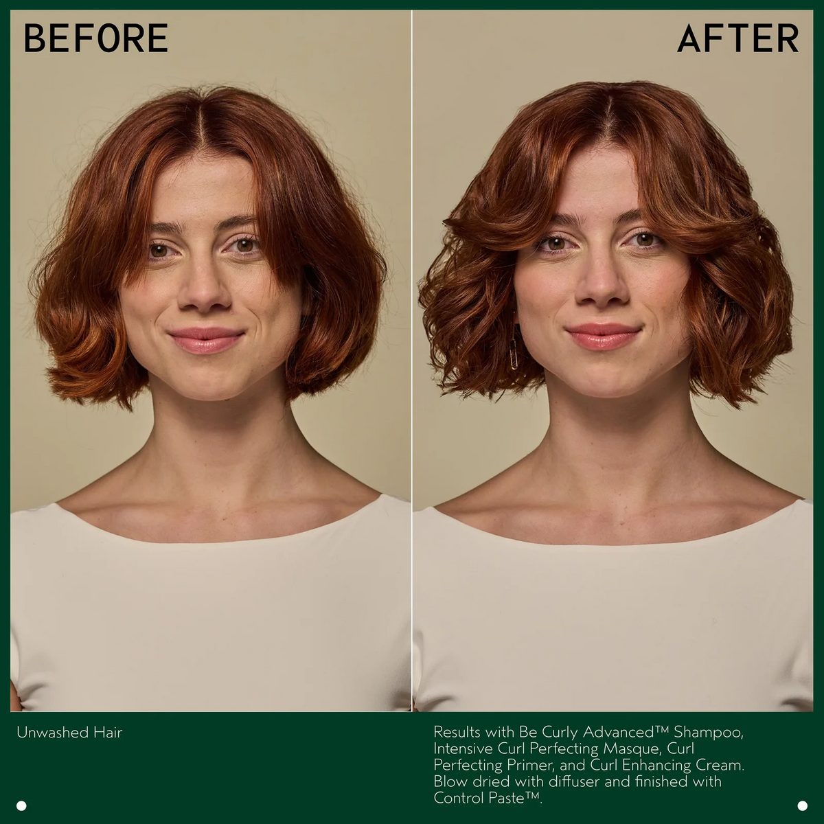 Before-and-after hair styling comparison showing a woman with short auburn hair, labeled 'BEFORE' on the left and 'AFTER' on the right, with text at the bottom describing the haircare results.