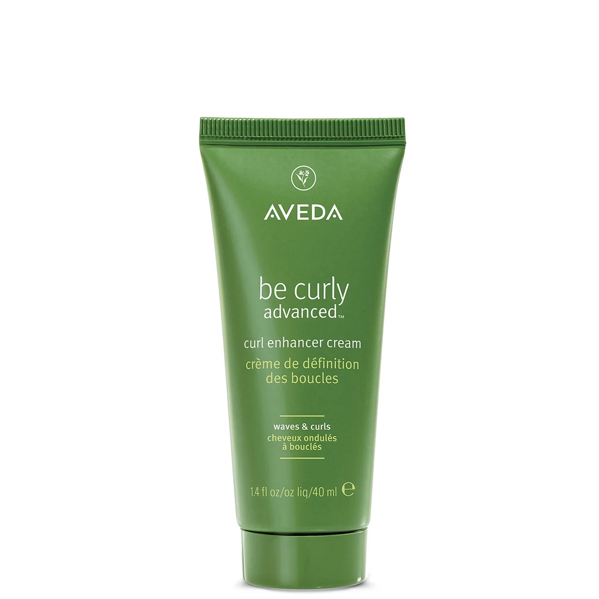 A 40 ml squeeze tube of Aveda Be Curly Advanced Curl Enhancer Cream in a solid olive green color, shown on a clean white background.