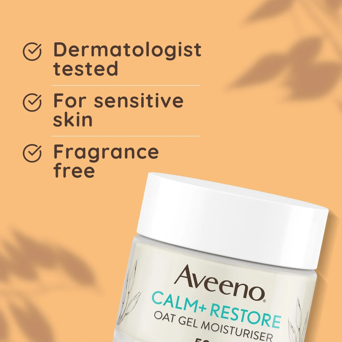 Aveeno Calm+ Restore Oat Gel Moisturiser jar shown on a peach background with text highlighting dermatologist testing, suitability for sensitive skin, and fragrance-free formula.