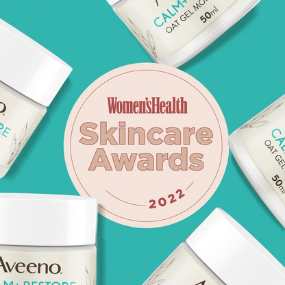 A promotional graphic for the Women's Health Skincare Awards 2022, featuring a central pink circular badge surrounded by several skincare bottles on a teal background.