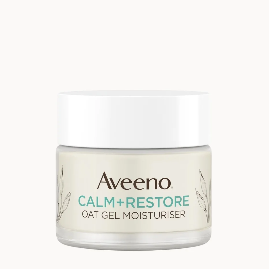 Aveeno Calm+Restore Oat Gel Moisturiser in a clear jar with a white lid, centered on a solid off-white background.