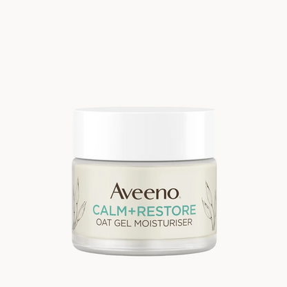 Aveeno Calm+Restore Oat Gel Moisturiser in a clear jar with a white lid, centered on a solid off-white background.