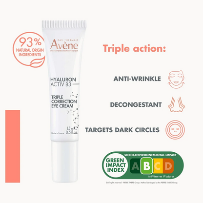 A white tube of Avene HyaluRone Activ B3 Triple Correction Eye Cream is shown on a light beige background with marketing text and icons highlighting anti-wrinkle, decongestant, and dark circle benefits.