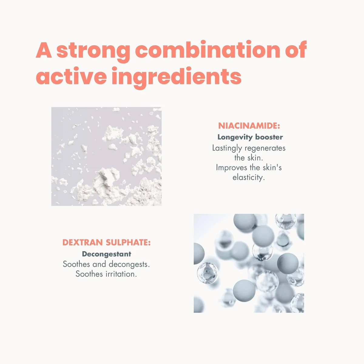An informational graphic on a light cream background with the headline 'A strong combination of active ingredients' in coral text. Below, two small product-related images are shown: a white powder texture on the left and a cluster of translucent gray and clear spheres on the right, with labels reading 'NIACINAMIDE' and 'DEXTRAN SULPHATE' in coral.