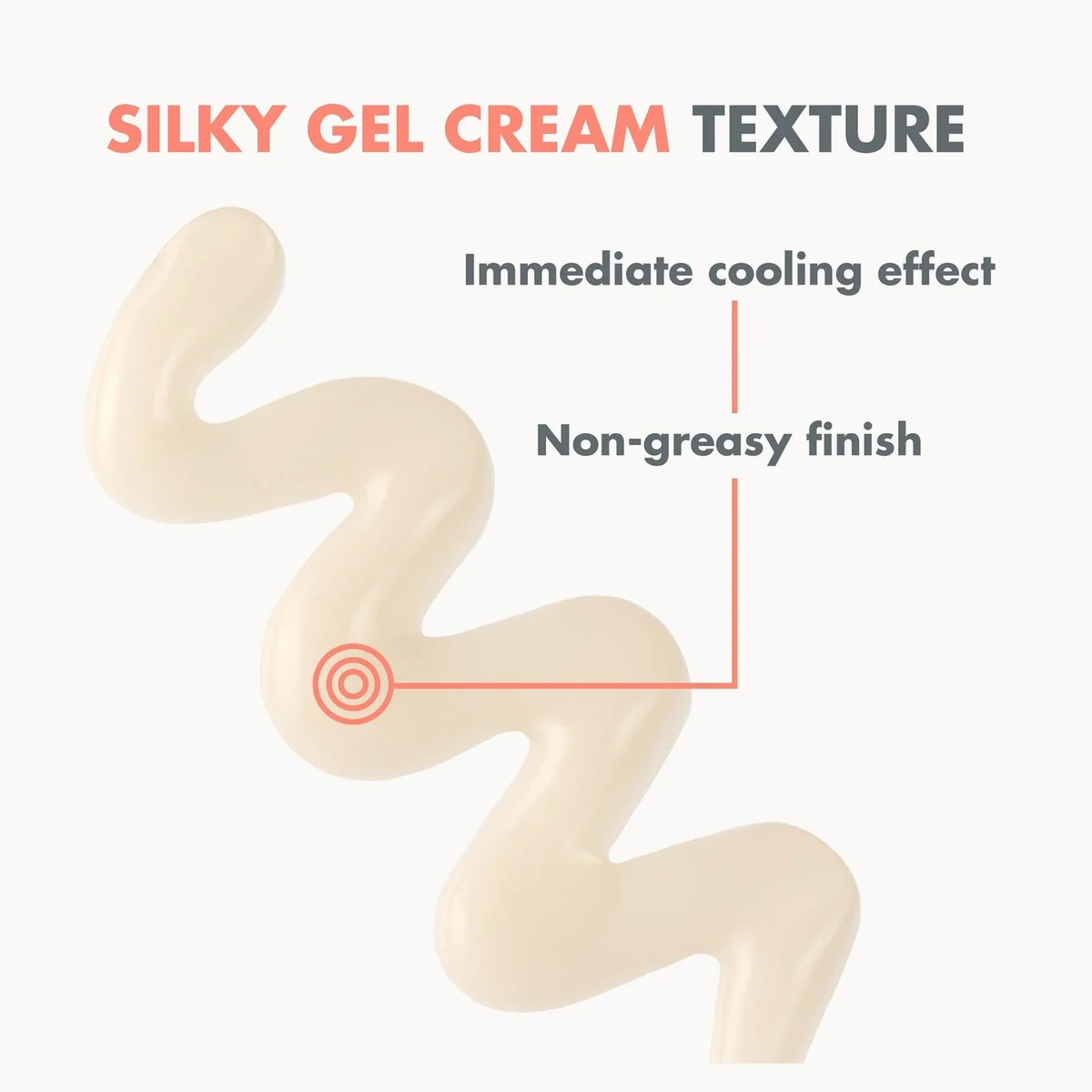 A cream-colored squiggle of gel cream on a light off-white background with text reading 'SILKY GEL CREAM TEXTURE' and callouts noting 'Immediate cooling effect' and 'Non-greasy finish'.