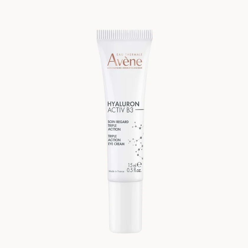A 15ml white squeeze tube of Avene Hyaluron Activ B3 Non Regenerated Retinol Eye Cream, centered on a clean off-white background.