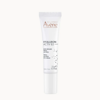 A 15ml white squeeze tube of Avene Hyaluron Activ B3 Non Regenerated Retinol Eye Cream, centered on a clean off-white background.
