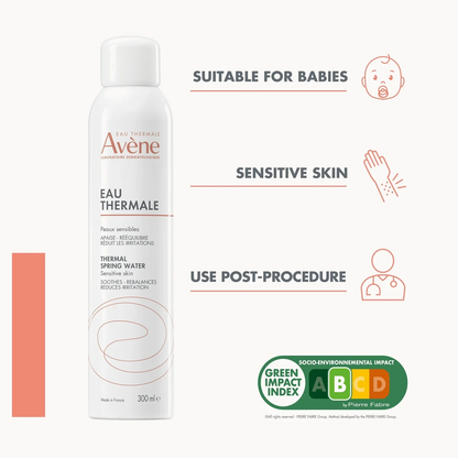 A 300 ml bottle of Avene Eau Thermale Thermal Spring Water sensitive skin spray on a light beige background, accompanied by three orange line icons and text reading 'SUITABLE FOR BABIES', 'SENSITIVE SKIN', and 'USE POST-PROCEDURE', plus a Green Impact Index A/B/C/D badge.