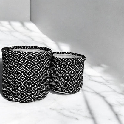 2-Pack Black & White Woven Fabric Storage Baskets – Cotton Blend, Large & Medium Sizes