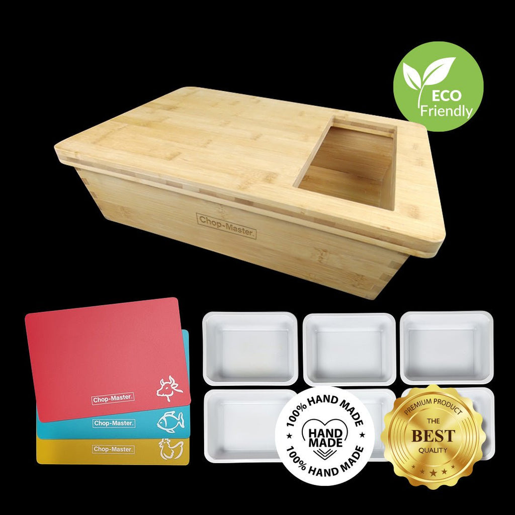 Bamboo cutting board with eco-friendly label, colorful cutting mats, and white trays on a black background.