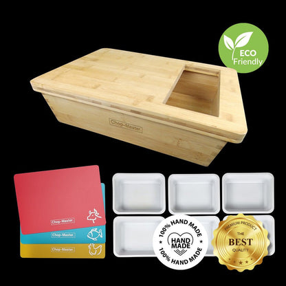 Bamboo cutting board with eco-friendly label, colorful cutting mats, and white trays on a black background.