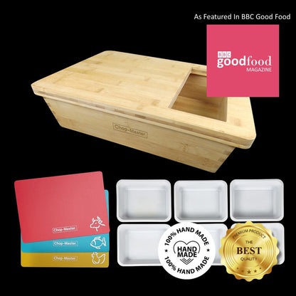 Bamboo cutting board with plastic components and 'Chop-Master' branding, featuring BBC Good Food magazine logo.