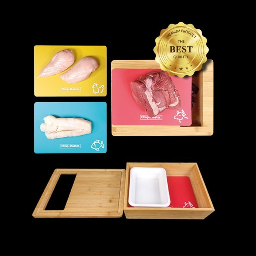 Set of raw meat packages on various chopping boards, wooden and plastic ones