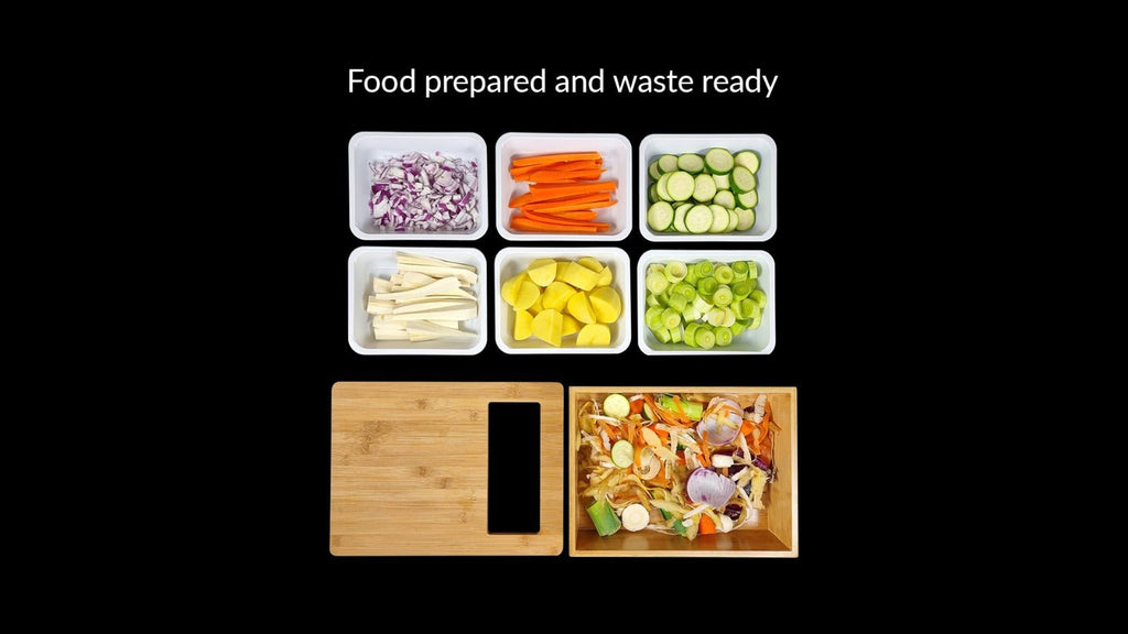 Prepared food and waste sorting system with containers labeled for different types of food.