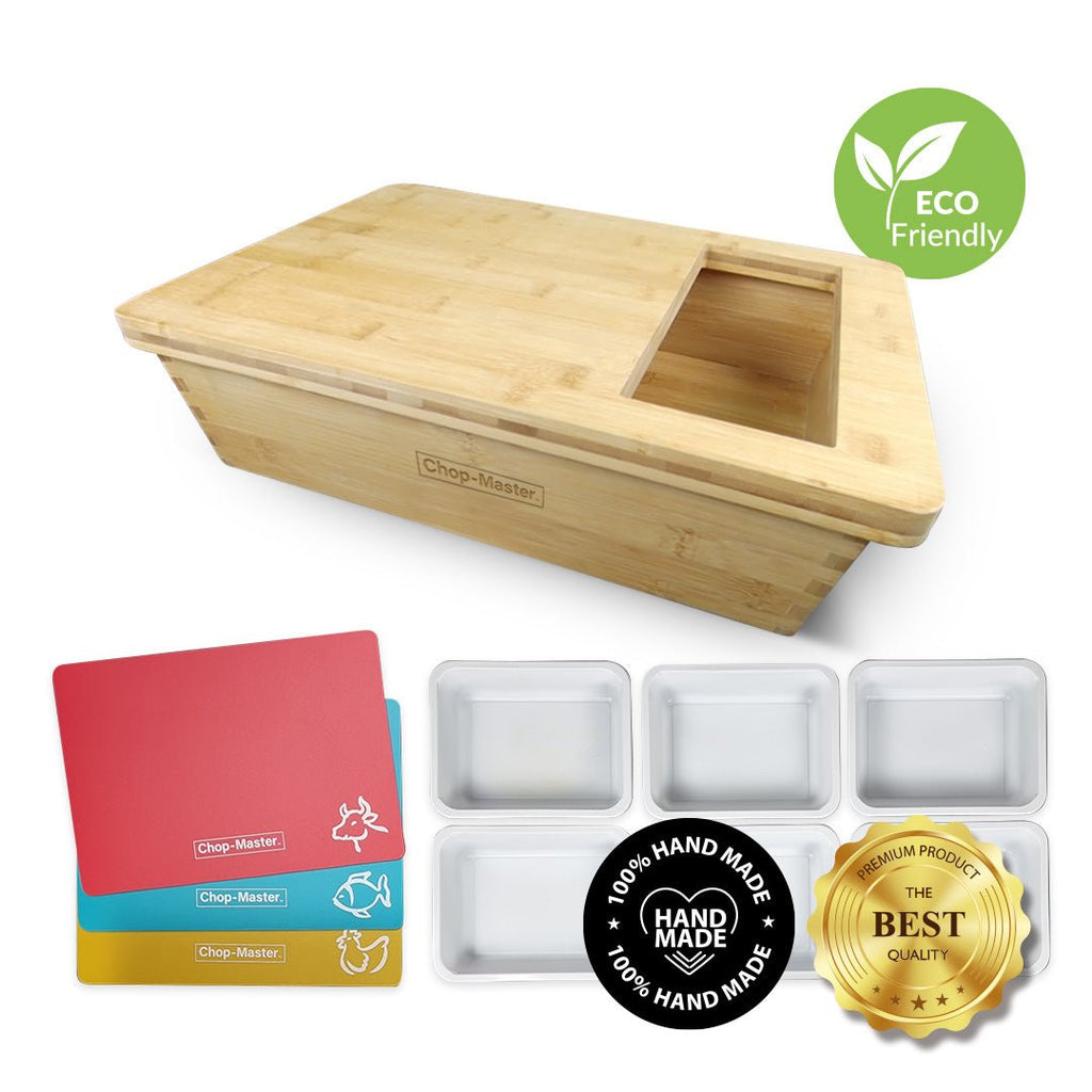 Bamboo cutting board with eco-friendly label, colorful cards, and plastic containers on a white background