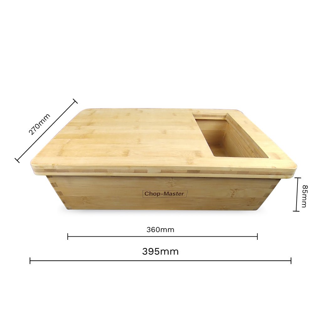Wooden cutting board with dimensions labeled on a white background
