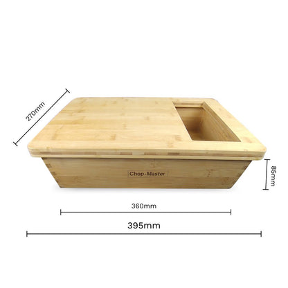 Wooden cutting board with dimensions labeled on a white background