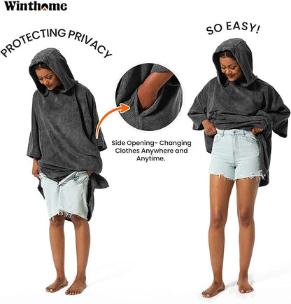 Winthome - Unisex Changing Bath Robe, Surf Poncho Towel With Hood - M Grey