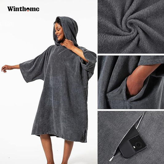 Winthome - Unisex Changing Bath Robe, Surf Poncho Towel With Hood - M Grey