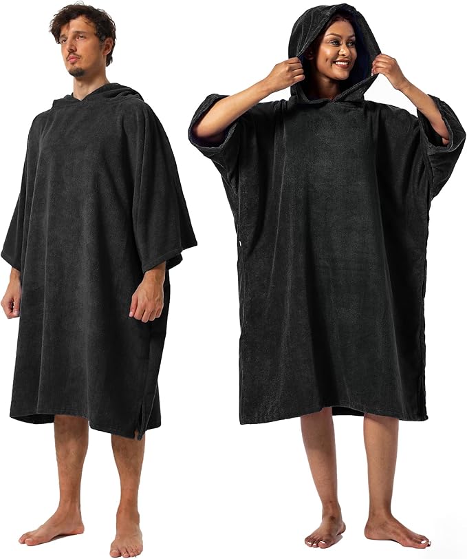 Winthome - Unisex Changing Bath Robe, Surf Poncho Towel With Hood - XL Black