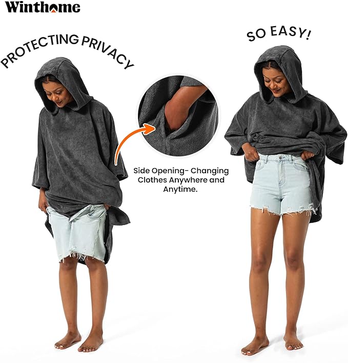 Winthome - Unisex Changing Bath Robe, Surf Poncho Towel With Hood - XL Black