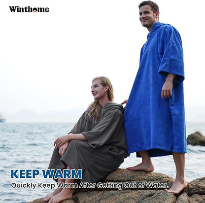 Winthome - Unisex Changing Bath Robe, Surf Poncho Towel With Hood - XL Black