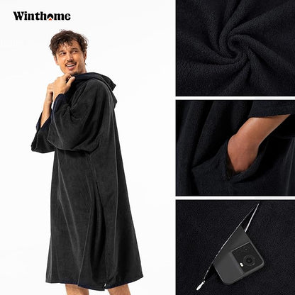 Winthome - Unisex Changing Bath Robe, Surf Poncho Towel With Hood - XL Black