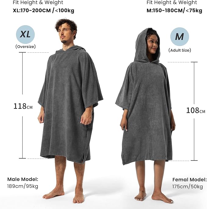 Winthome - Unisex Changing Bath Robe, Surf Poncho Towel With Hood - XL Black