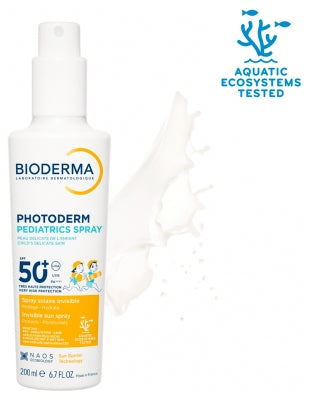 Bioderma Photoderm kids sunscreen spray bottle with Aquatic Ecosystems logo on a white background