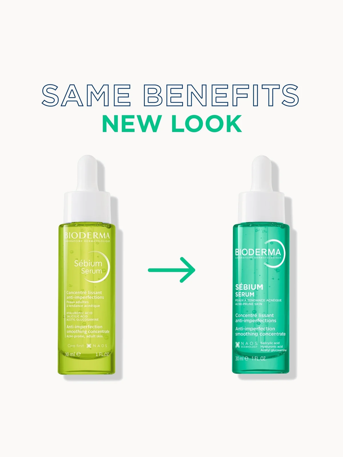 Two bottles of Bioderma Sébium Serum with a white background and text indicating 'Same benefits, new look'.